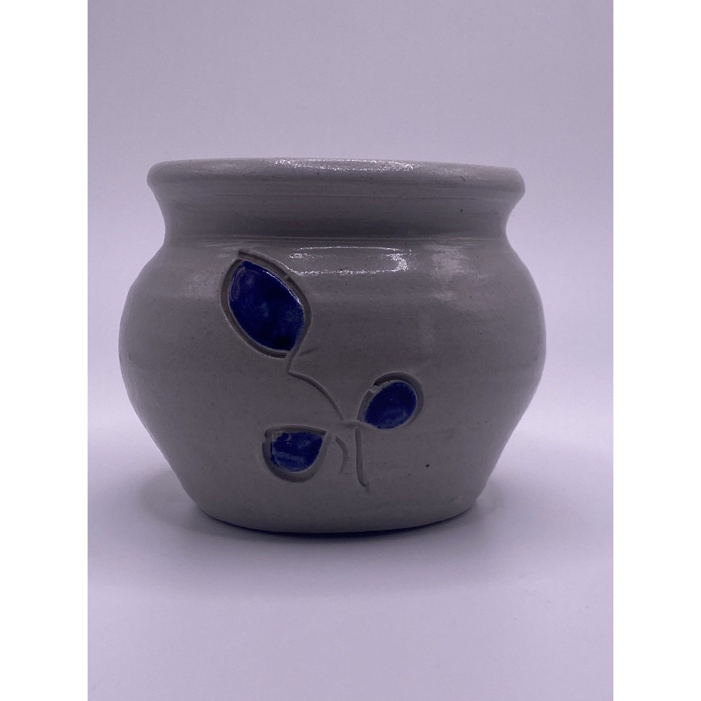 Williamsburg Pottery Cobalt Salt Glaze Mini Crock Planter Blue Leaf Cut Outs